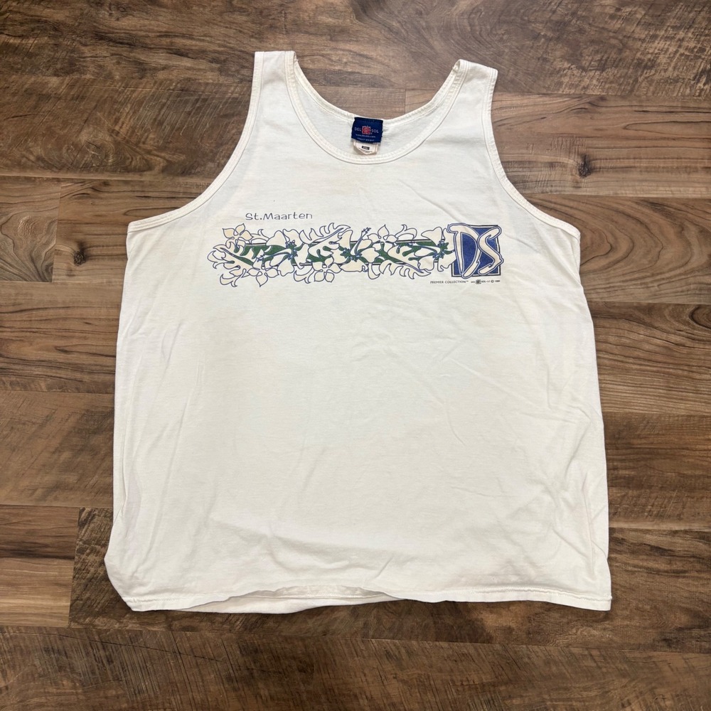 Vintage Y2K Del Sol Tank Top Mens XXL White St. Maarten Graphic Floral 90s Vest